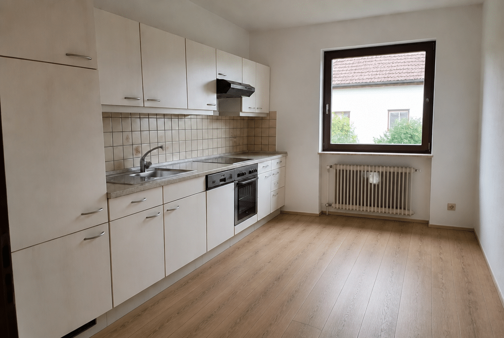 Nachher: Dieselbe Kueche mit Vinylboden in Holzoptik