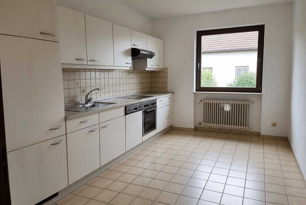 Vorher: Kueche mit altem Fliesenboden
