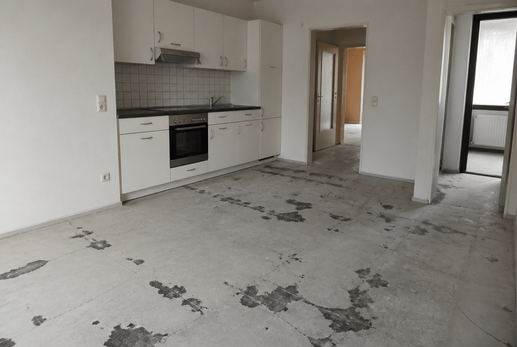 Vorher: Kueche mit altem Estrich und Kleberresten