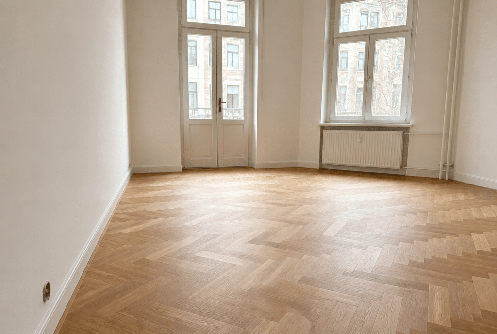 Nachher: Derselbe Raum mit sauber montierten weissen Sockelleisten