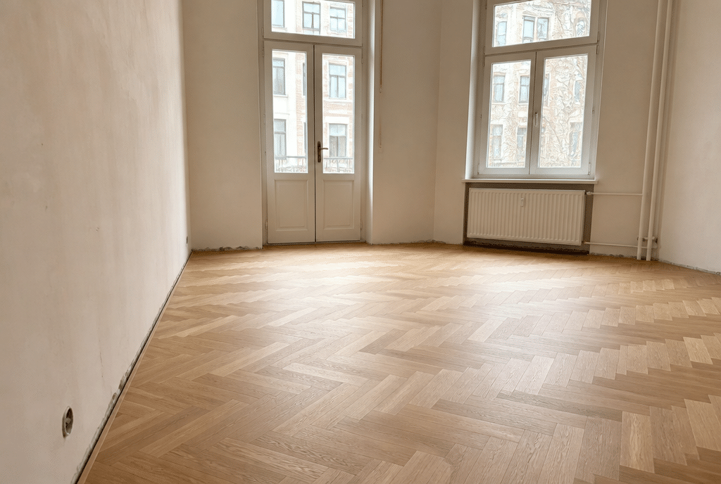 Vorher: Frisch verlegtes Parkett ohne Sockelleisten mit offener Dehnungsfuge
