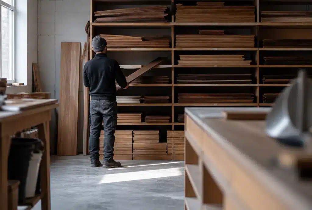 Dielen-Lager: Handwerker waehlt eine Walnuss-Diele aus dem Holzregal