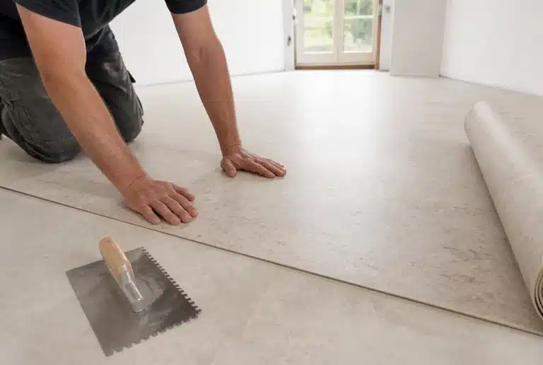 Linoleum verlegen: Bahn wird von Hand angedrückt, Zahnspachtel liegt bereit