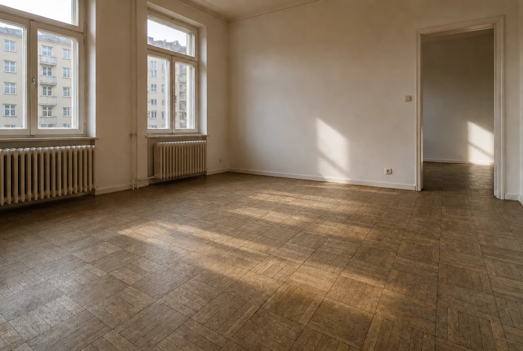 Vorher: mattes, verkratztes Mosaikparkett aus den Siebzigern