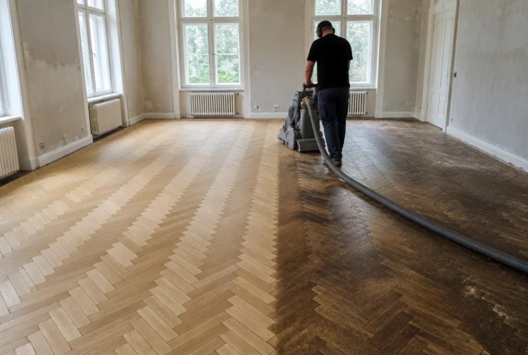 Parkett schleifen im Altbau: frisch geschliffenes Fischgraetparkett neben dunkler Altflaeche