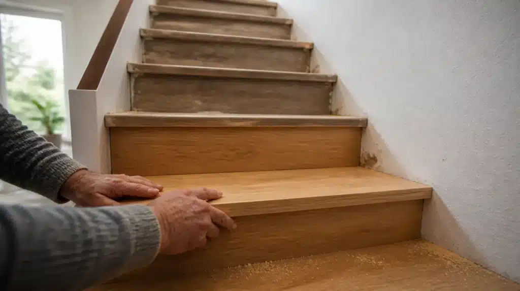 Treppenrenovierung: neue Eichenstufe wird auf die alte Holztreppe aufgesetzt